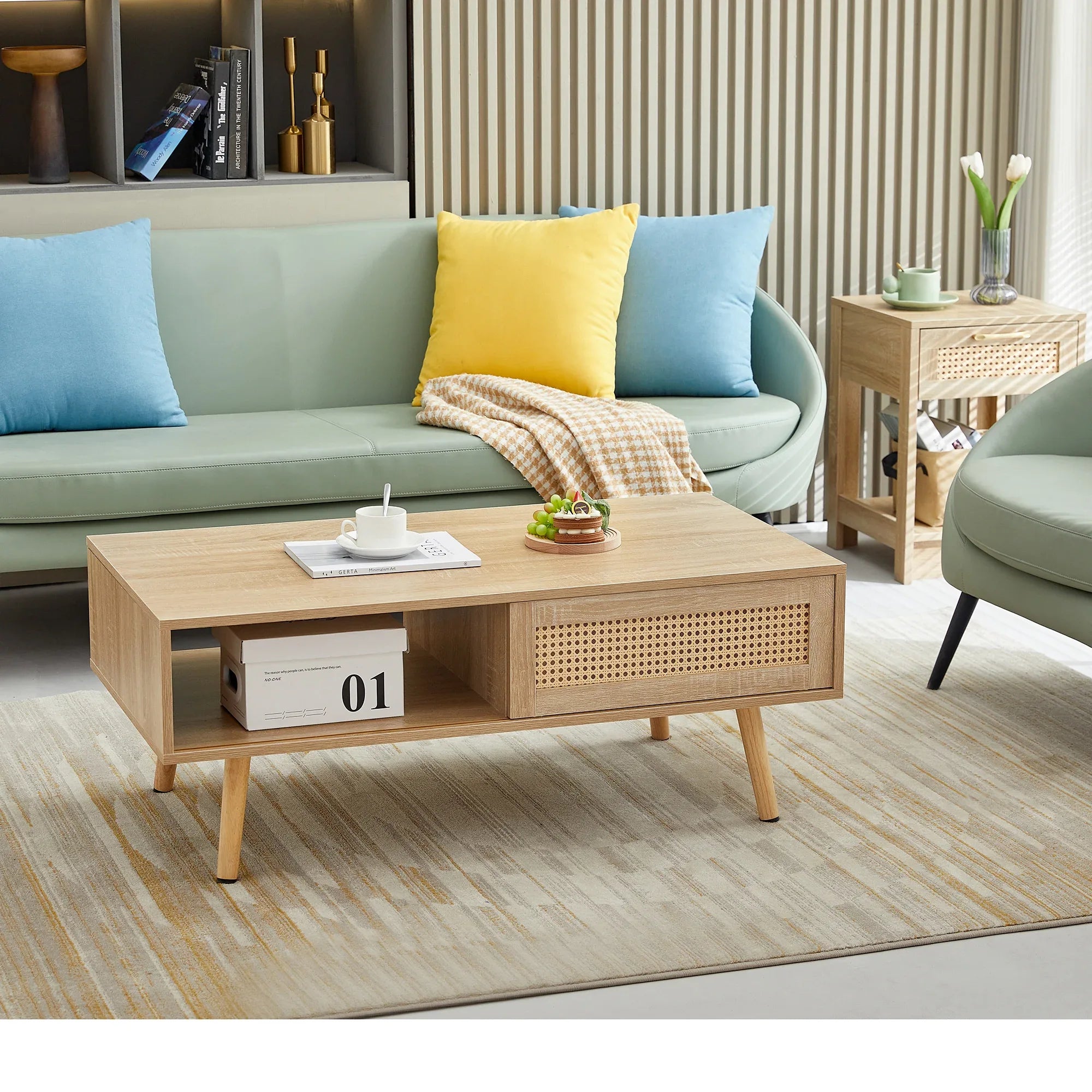 41.34' Rattan Coffee Table, Sliding Door for Storage, Solid Wood Legs, Modern Table for Living Room-Natural - Eloy Royal