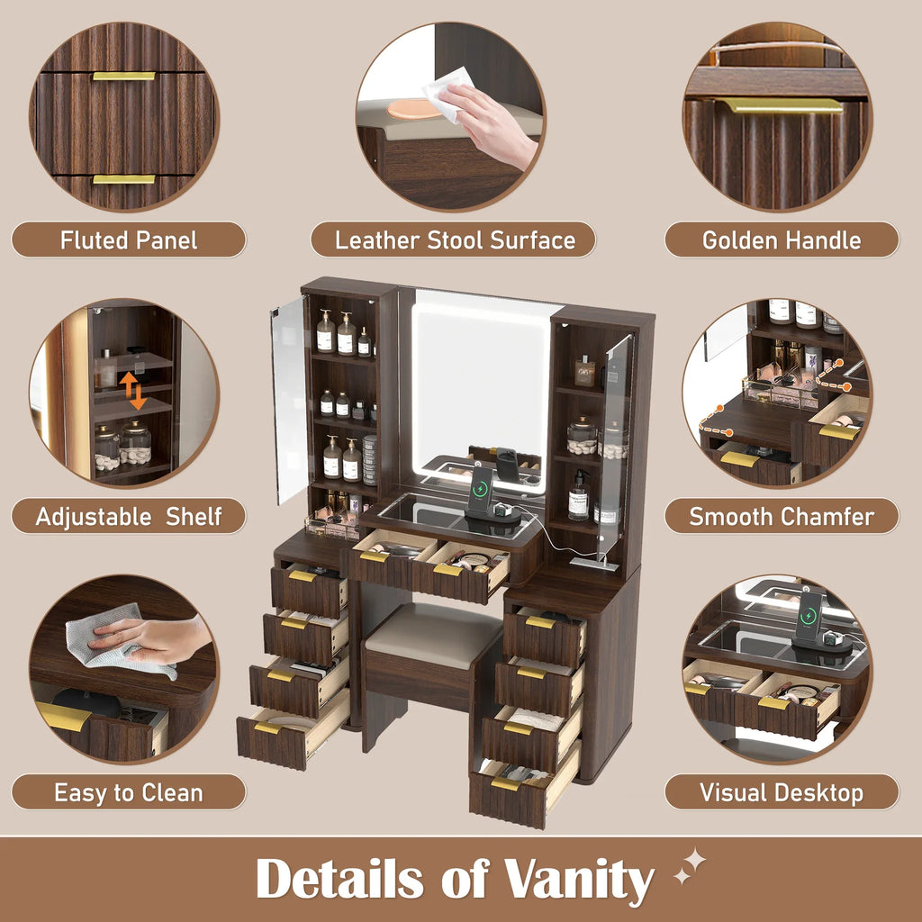 43.5' Fluted Makeup Vanity Desk with Mirror and Lights, Modern Glass Top Vanity Table with 10 Drawers & 2 Transparent Glass Cabinets, Dressing Table Set with Stool and Charging Station, Brown - Eloy Royal
