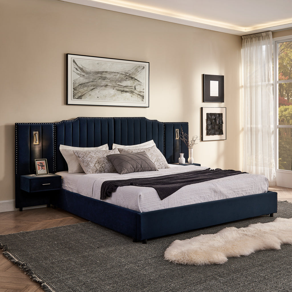 King Size Upholstered Bed Frame with Velvet Fabric, Vertical Stripe Design with Buttons Around King Size Platform Bed with Headboard, Solid Frame & Bedside Table - No Box Spring Needed-Dark Blue