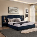 King Size Upholstered Bed Frame with Velvet Fabric, Vertical Stripe Design with Buttons Around King Size Platform Bed with Headboard, Solid Frame & Bedside Table - No Box Spring Needed-Dark Blue