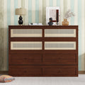 Queen Size Murphy Bed, Pine Wood Cabinet Bed with Rattan Decoration and Storage Drawer,Walnut