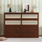 Queen Size Murphy Bed, Pine Wood Cabinet Bed with Rattan Decoration and Storage Drawer,Walnut