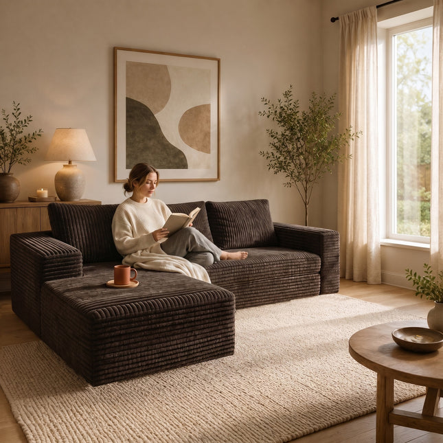 Modern Coffee Corduroy Sectional Sofa with Left-Facing Chaise, L-Shaped Couch with Deep Seats & Soft Cushions, Contemporary Velvet-Like Upholstery for Living Room, Apartment (96.65' W)