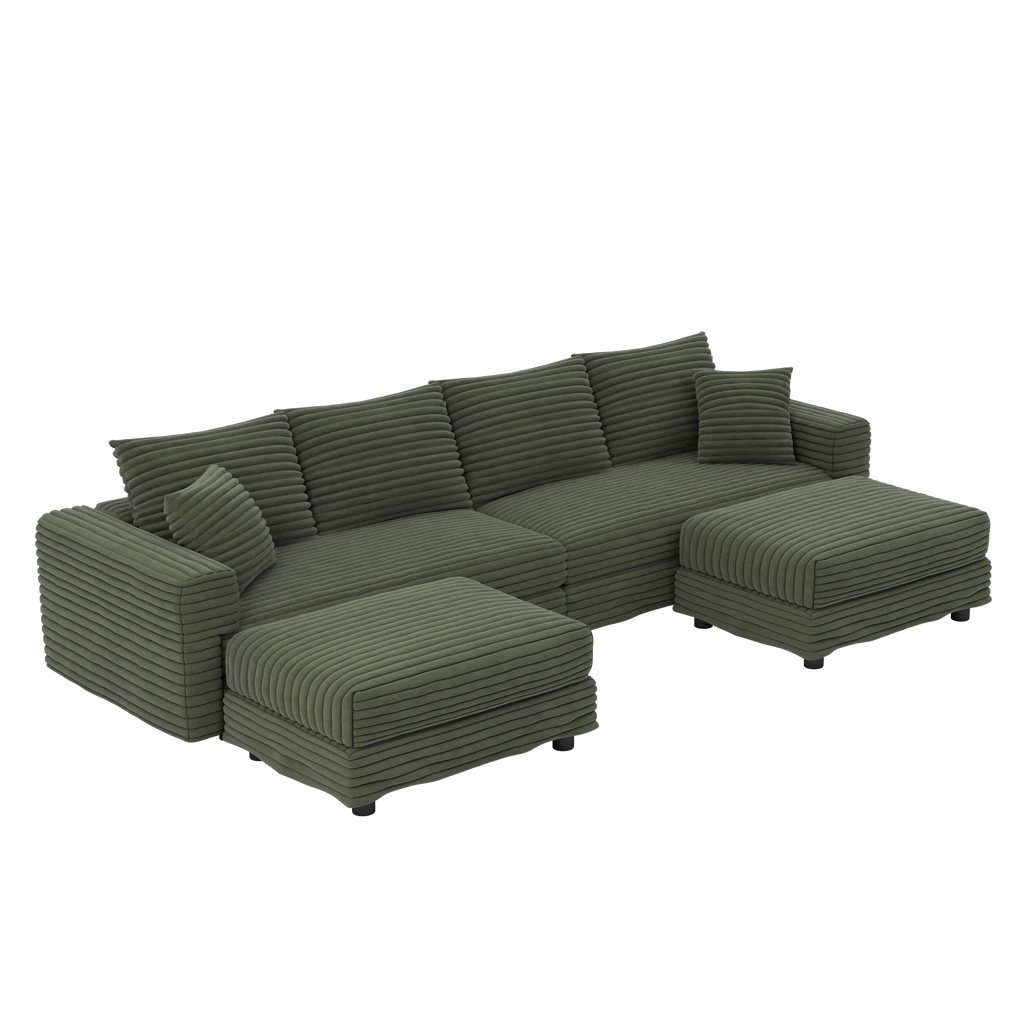 102.4 'Plush Corduroy 4-Seat Sofa,Modern Comfy Upholstered Sofa Cloud Couch,Deep Seat Couches with Soft Pillows and 2 Ottomans,Convertible Sofa Lounge Chair, Green - Eloy Royal