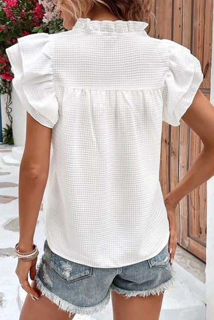 White Basic Textured Tiered Ruffle Sleeve Blouse for Women - Eloy Royal