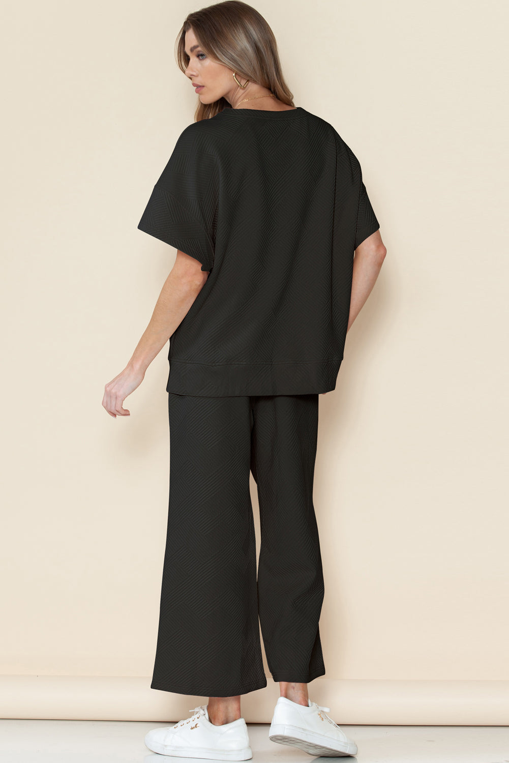 Black Textured Loose Fit T Shirt and Drawstring Pants Set - Eloy Royal