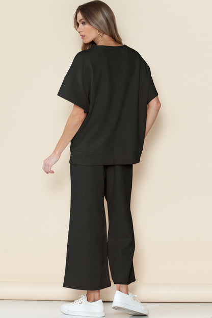 Black Textured Loose Fit T Shirt and Drawstring Pants Set - Eloy Royal