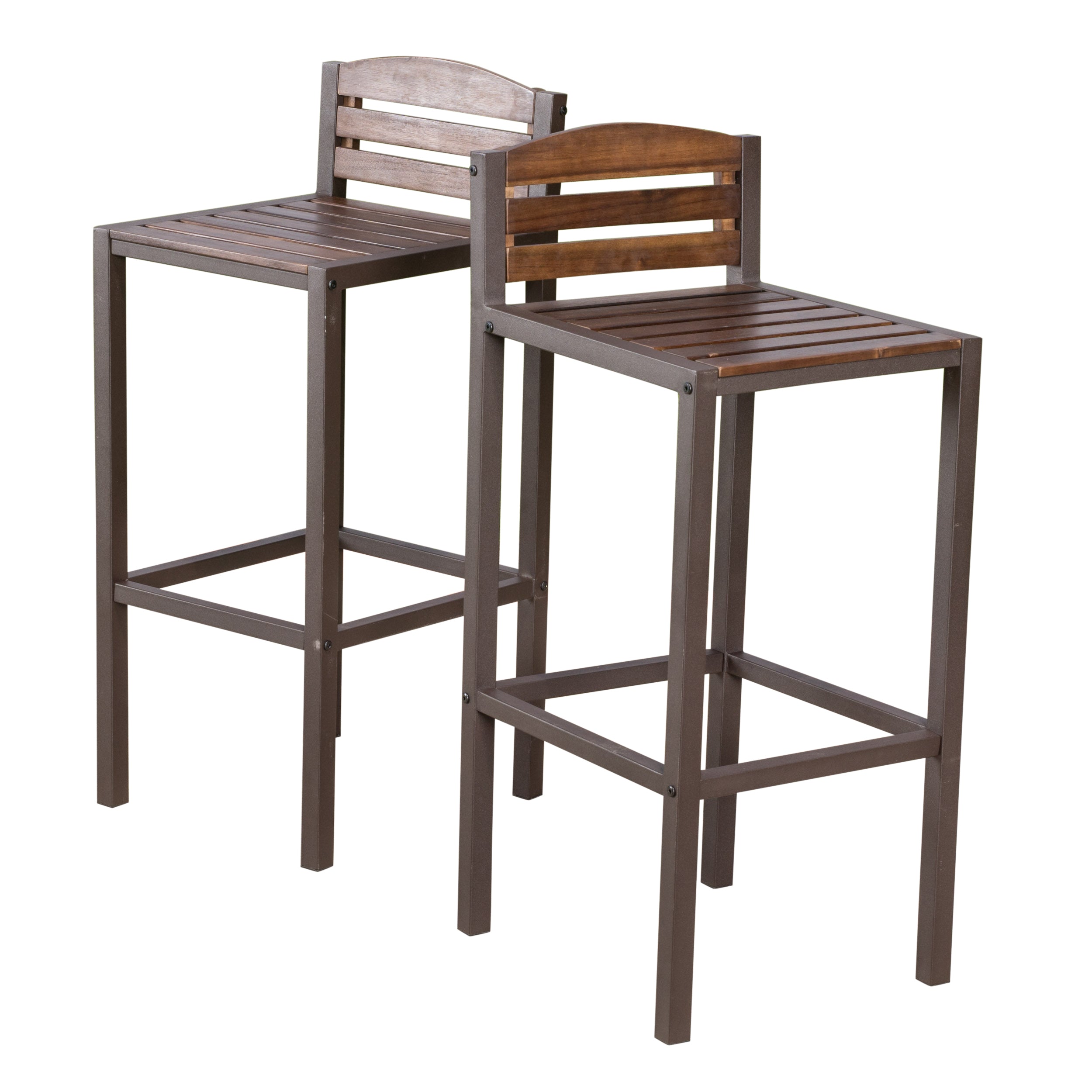 Outdoor Acacia Wood Barstool with Slat Panel Design, Set of 2, Dark Brown