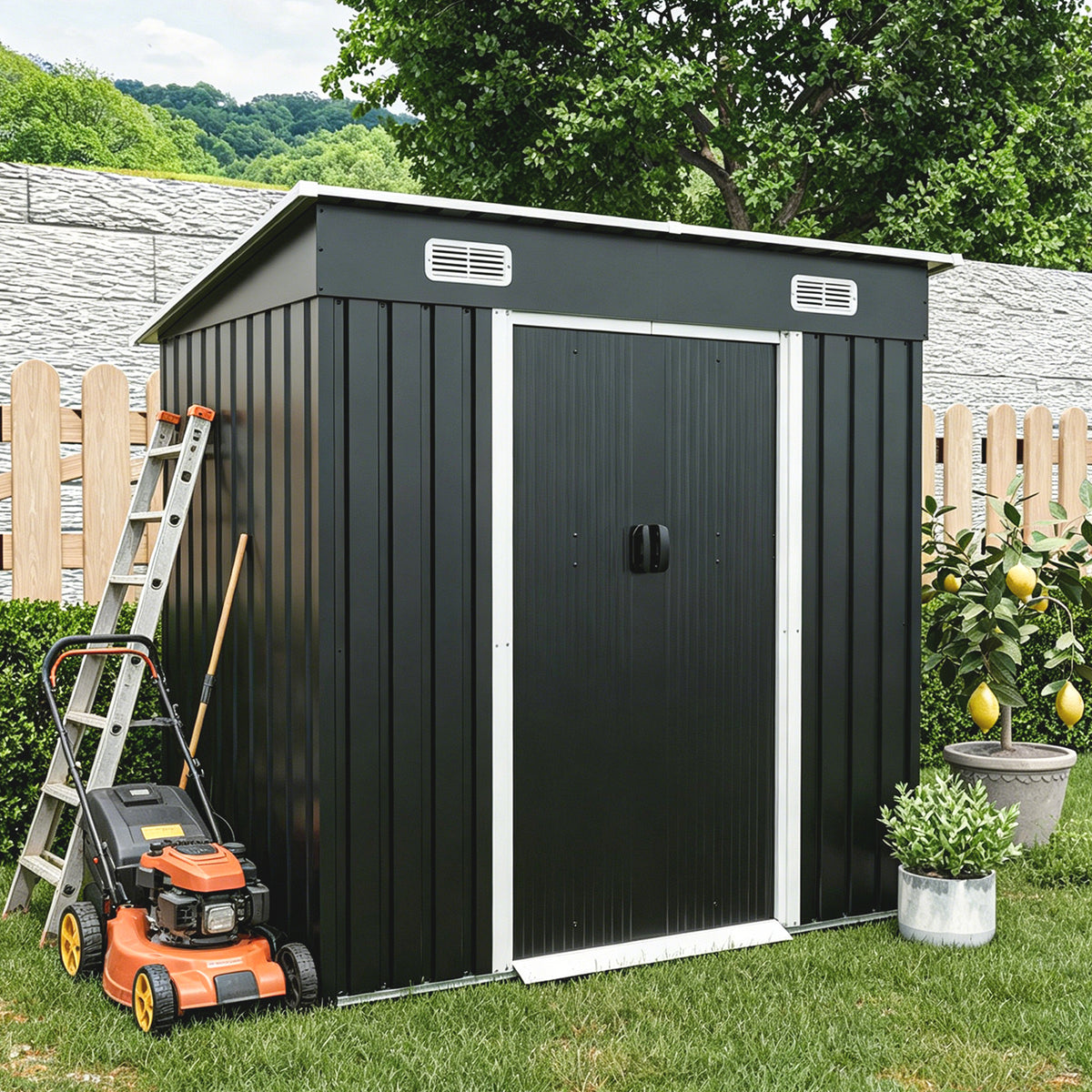 6x4ft Metal Shed, Sliding‑Door Outdoor Storage Building with Ventilation Vents & Threshold,Galvanized Steel Shed for Garden, Yard(6.43*4 FT)