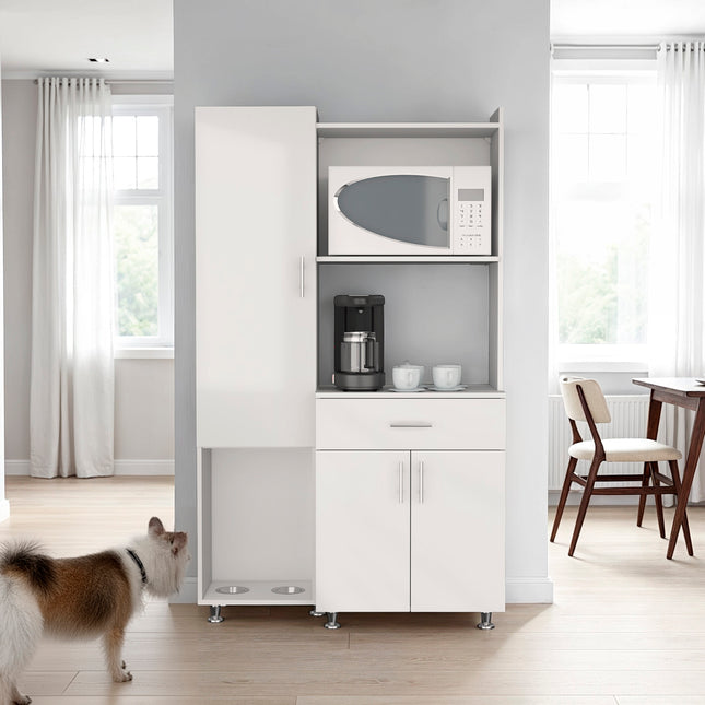 Pantress Kitchen Pantry and Microwave Cabinet with 3 Side Storage Shelves, Built-In Pet Station, One Drawer, One Small Cabinet and, One Open Shelf
