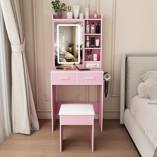 Small Makeup Vanity Desk with Mirror & Adjustable LED Lights,Built-in Power Outlet & Hidden Storage, Includes padded stool & Shelf,Space-Saving Dressing Table for Small Bedrooms,Pink