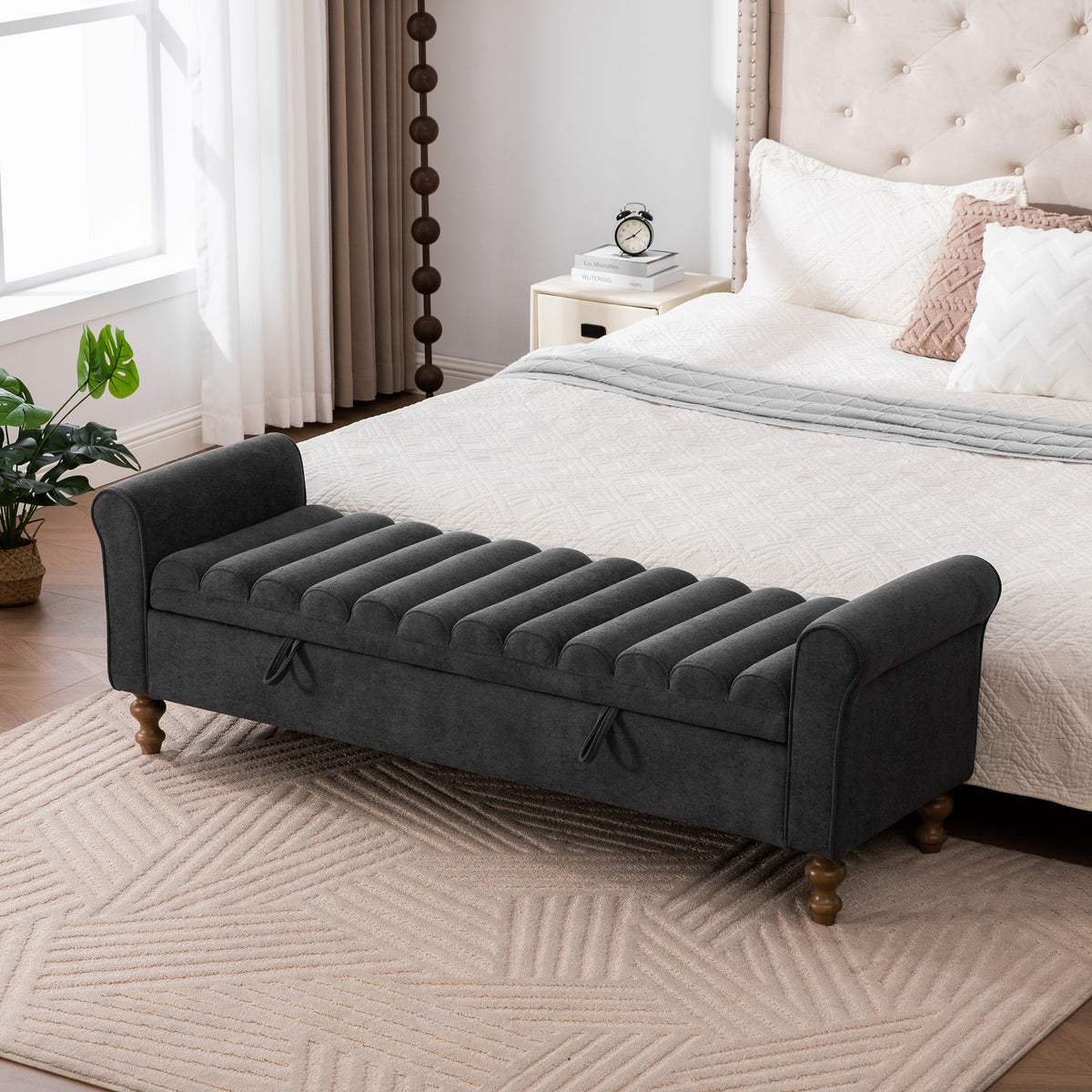65.55' Wide Modern Upholstered  Storage Bench , Napped fabric Bed End Foot Stool With Rolled Armrest, Bench Daybed With Rubberwood Legs For Living Room, Entryway, Dormitory, Bedroom,Charcoal