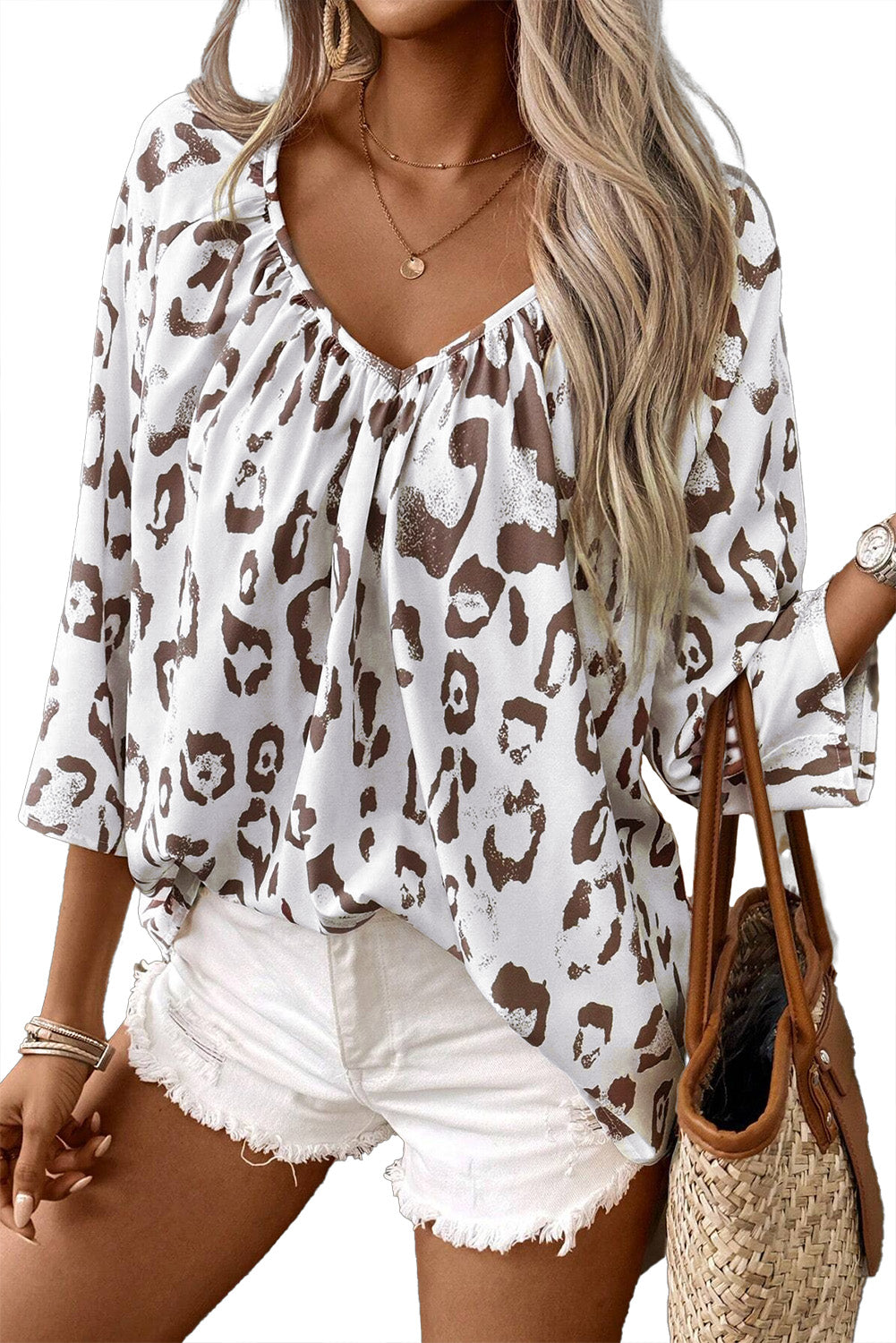 Khaki Leopard Print V Neck 3/4 Sleeve Blouse