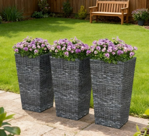 Taper Planters,Tall Planters for Outdoor Plants Set of 3,with Drainage Holes, Rattan Decor Plant Pots for Indoor Outdoor