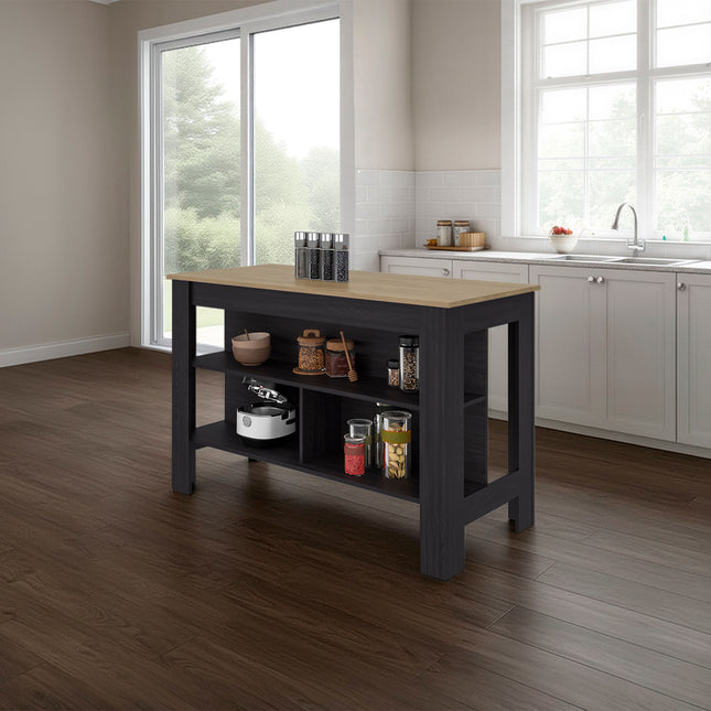 Ruso Kitchen Island, 3 Spacious open Shelves, Modern Design,  Black Wengue / Natural Oak