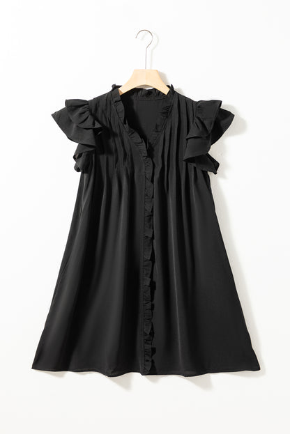 Black Ruffle Sleeve V Neck Frilled Shift Dress - Eloy Royal