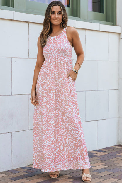 Pink Sleeveless Floor Length Leopard Print Dress with Pockets - Eloy Royal