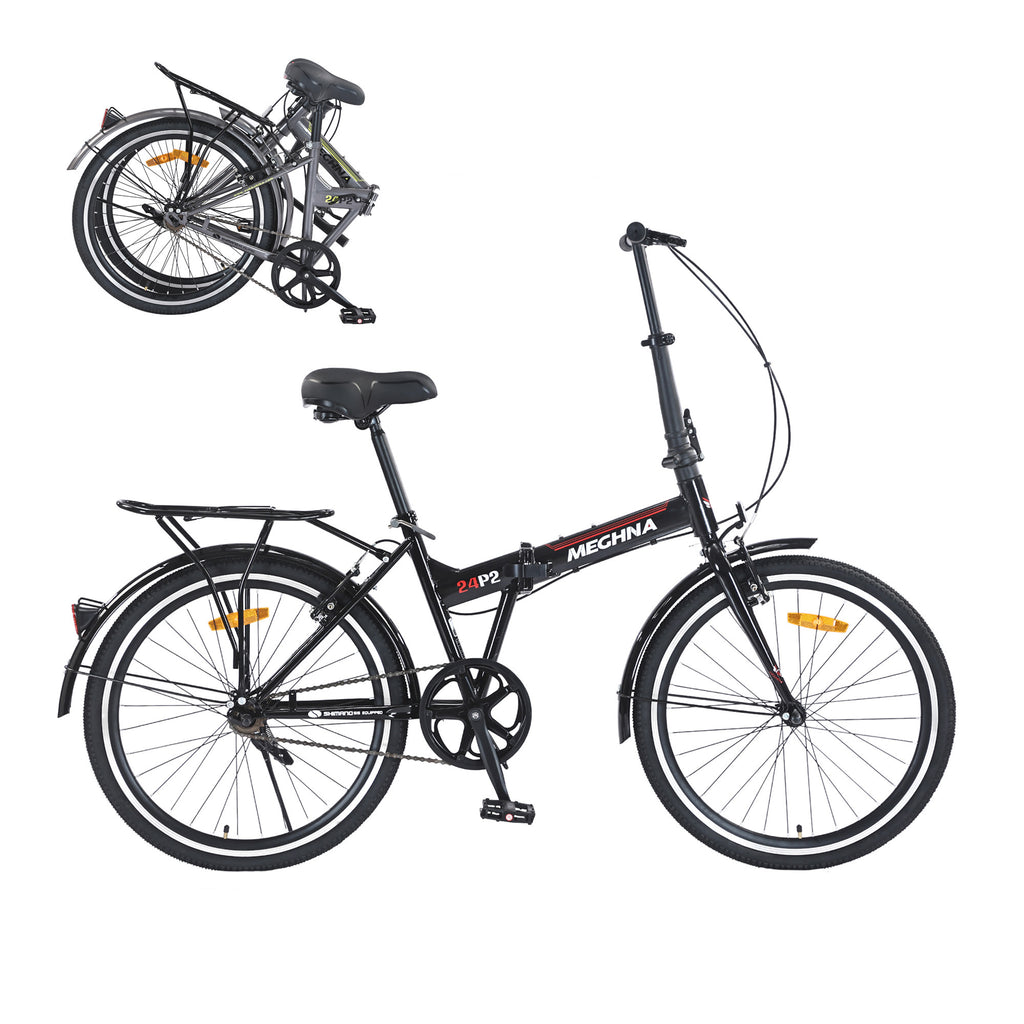 24 Inch Folding Bike for Adults with Fenders, Steel Frame Single Speed City Commuter, Dual V-Brake Portable Compact Bicycle for Men & Women