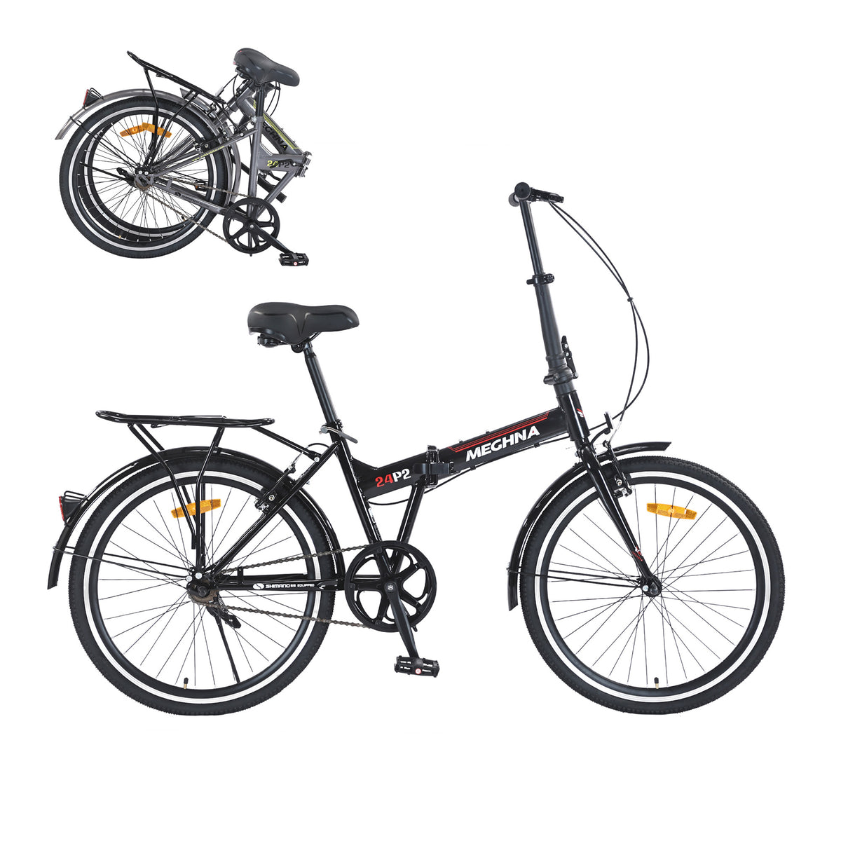 24 Inch Folding Bike for Adults with Fenders, Steel Frame Single Speed City Commuter, Dual V-Brake Portable Compact Bicycle for Men & Women