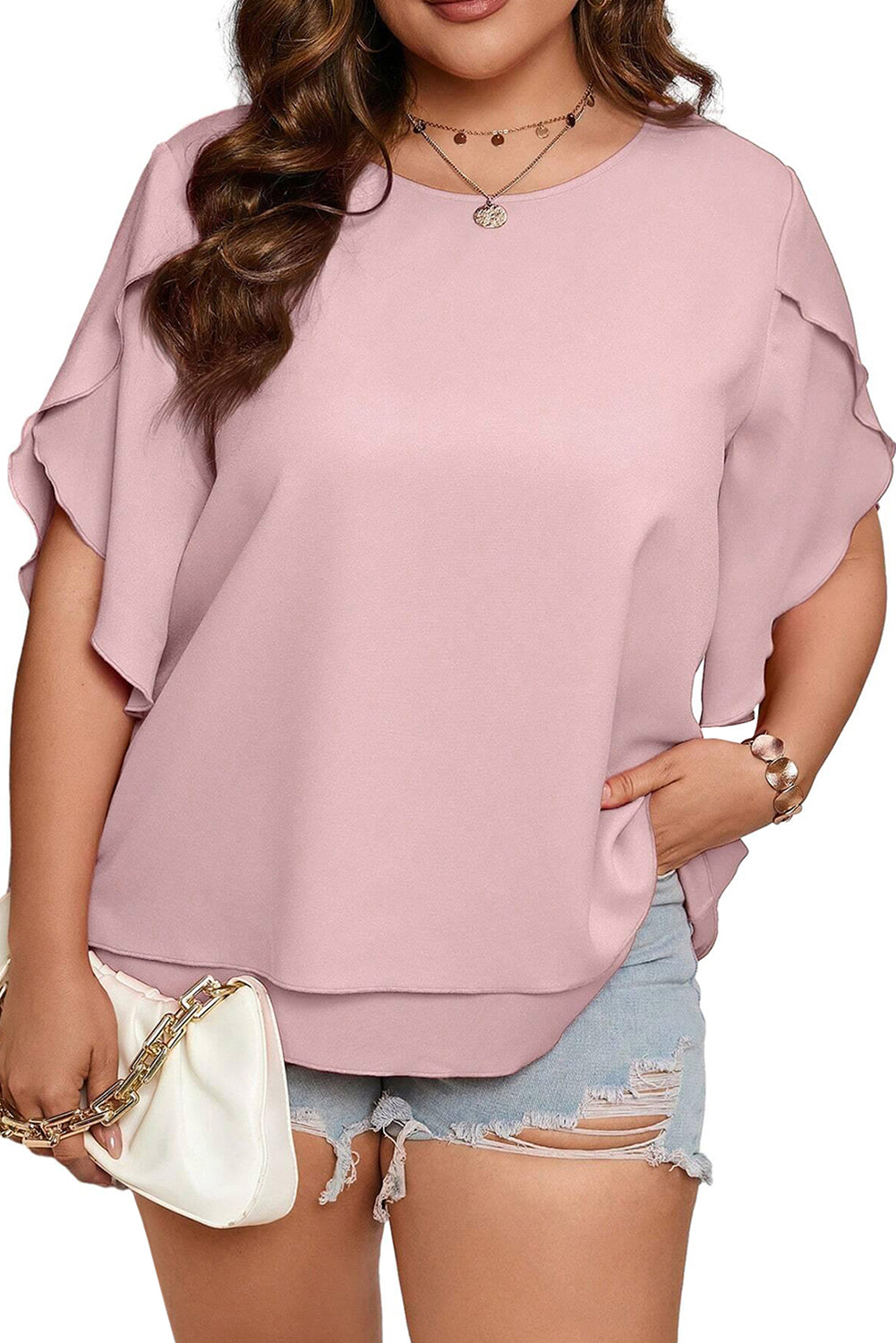 Light Pink Plus Size Frilly Overlap Sleeve Double Layered Blouse - Eloy Royal