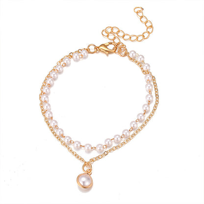 Alloy Beads Retro Simple Double Layers Loving Heart Pearl Bracelet