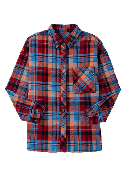 Red Plaid Print Drop Sleeve Loose Shirt