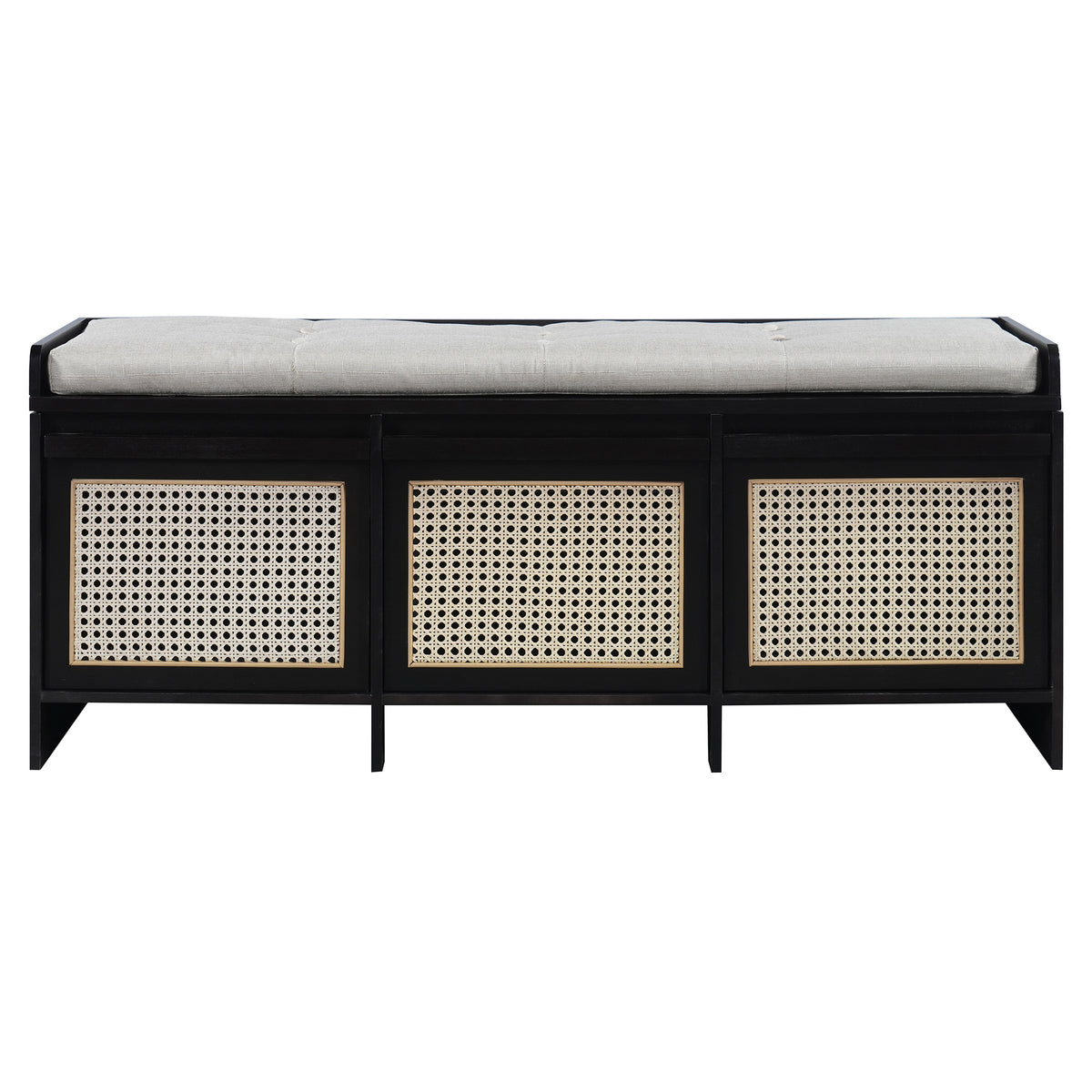 TREXM Retro Storage Bench 48' Entryway Shoe Bench with Rattan Drawers & Button-Tufted Cushion in Black, MDF & Pine Veneer