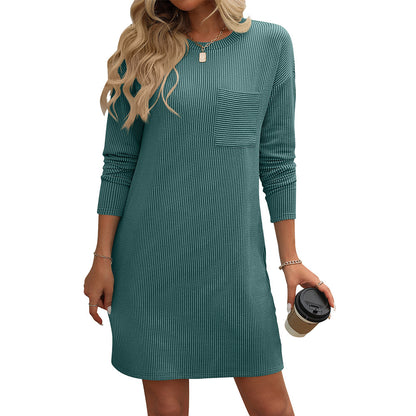 New Solid Color Striped With Pockets Long Sleeve Dress Fashion Round Neck Straight Dress Women's Clothing