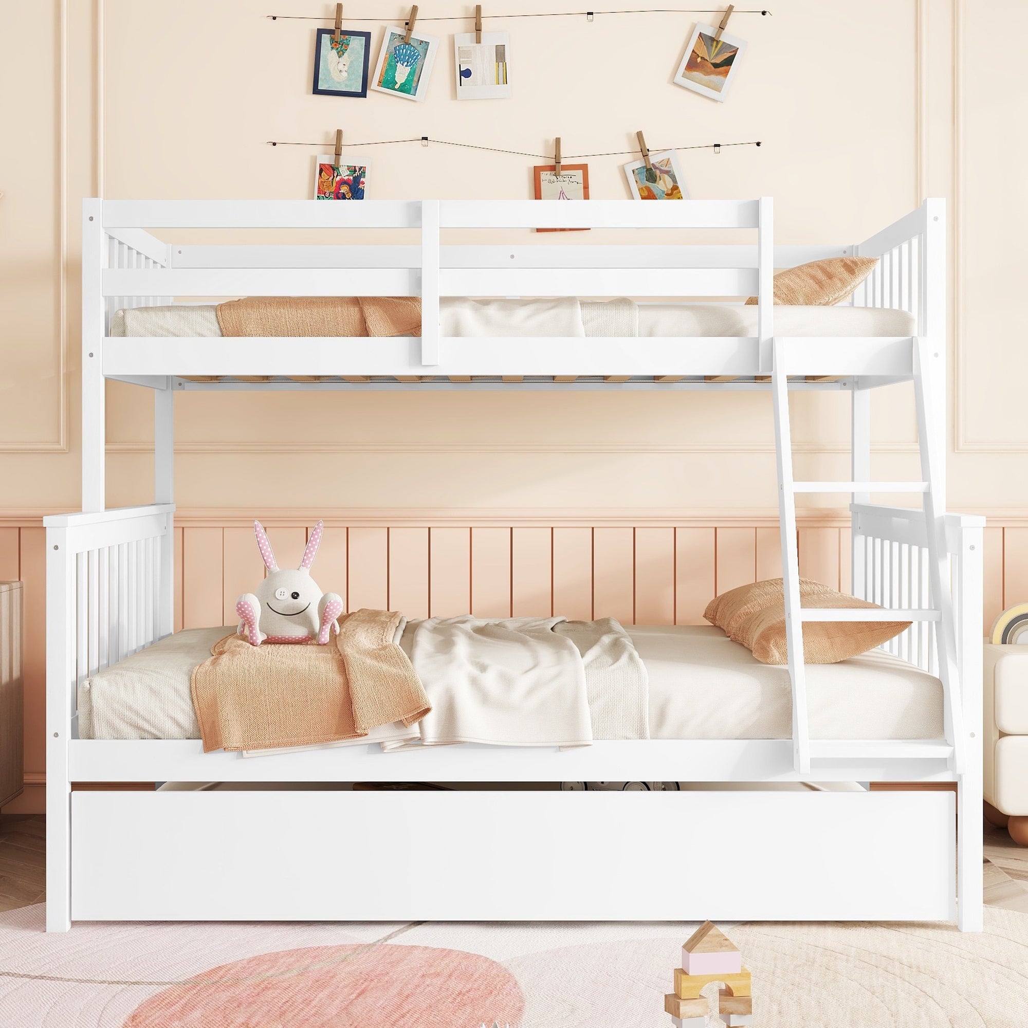 Twin Over Full Rubber Wood Bunk Bed with Trundle, Convertible Ladder and Guardrail, Detachable, Convertible Bed, with Twin Size Trundle ,White