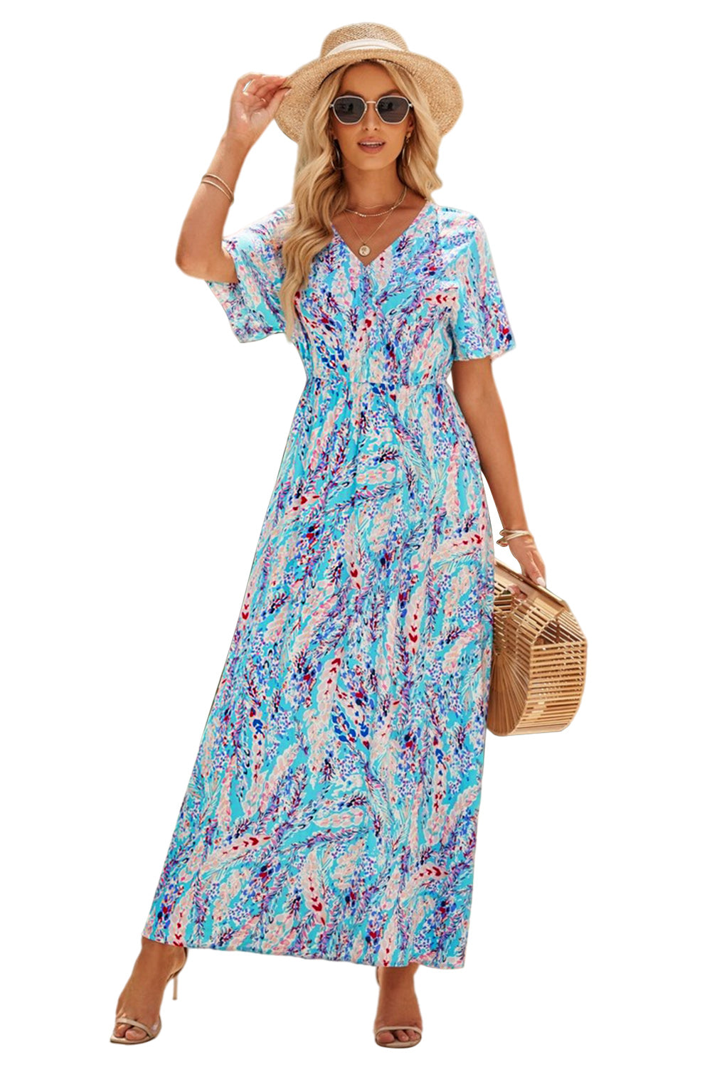 Wholesale Rose Boho Abstract Print V Neck Short Sleeve Maxi Wrap Dress - Eloy Royal