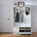 49.6 ' 5-in-1 Hall Tree with Bench, Shoe Storage & 3 Open Storage Cabinets, Farmhouse Hall Tree with High Gloss Fluted Doors for Hallway Living Room