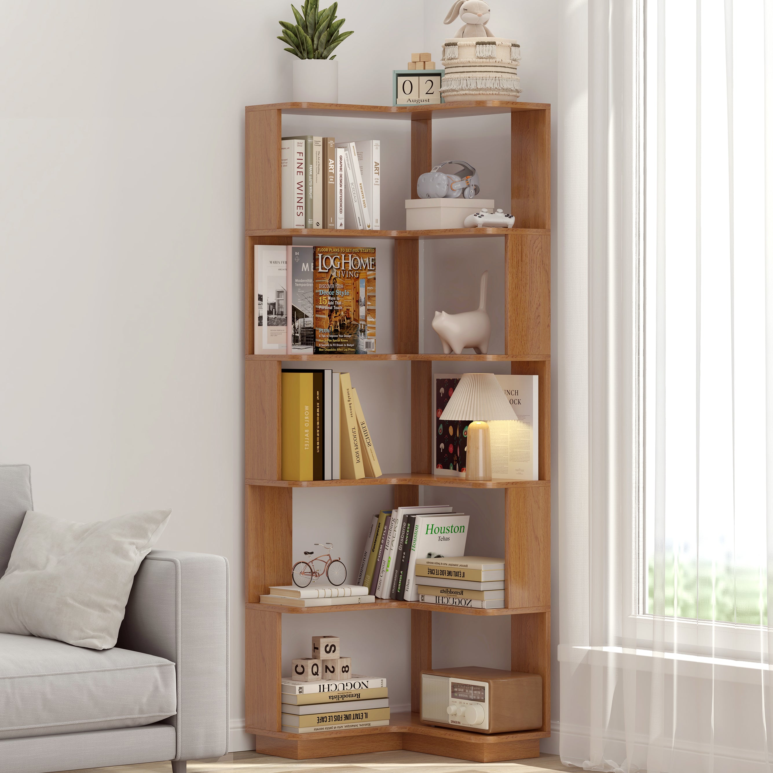 6 Tier Freestanding L-Shaped Corner Bookshelf For Living Room, Bedroom, Wooden Bookcase with anti-drop panle and anti tipping device, Display shelf Open storage rack Organizer for Home Office DARK OAK