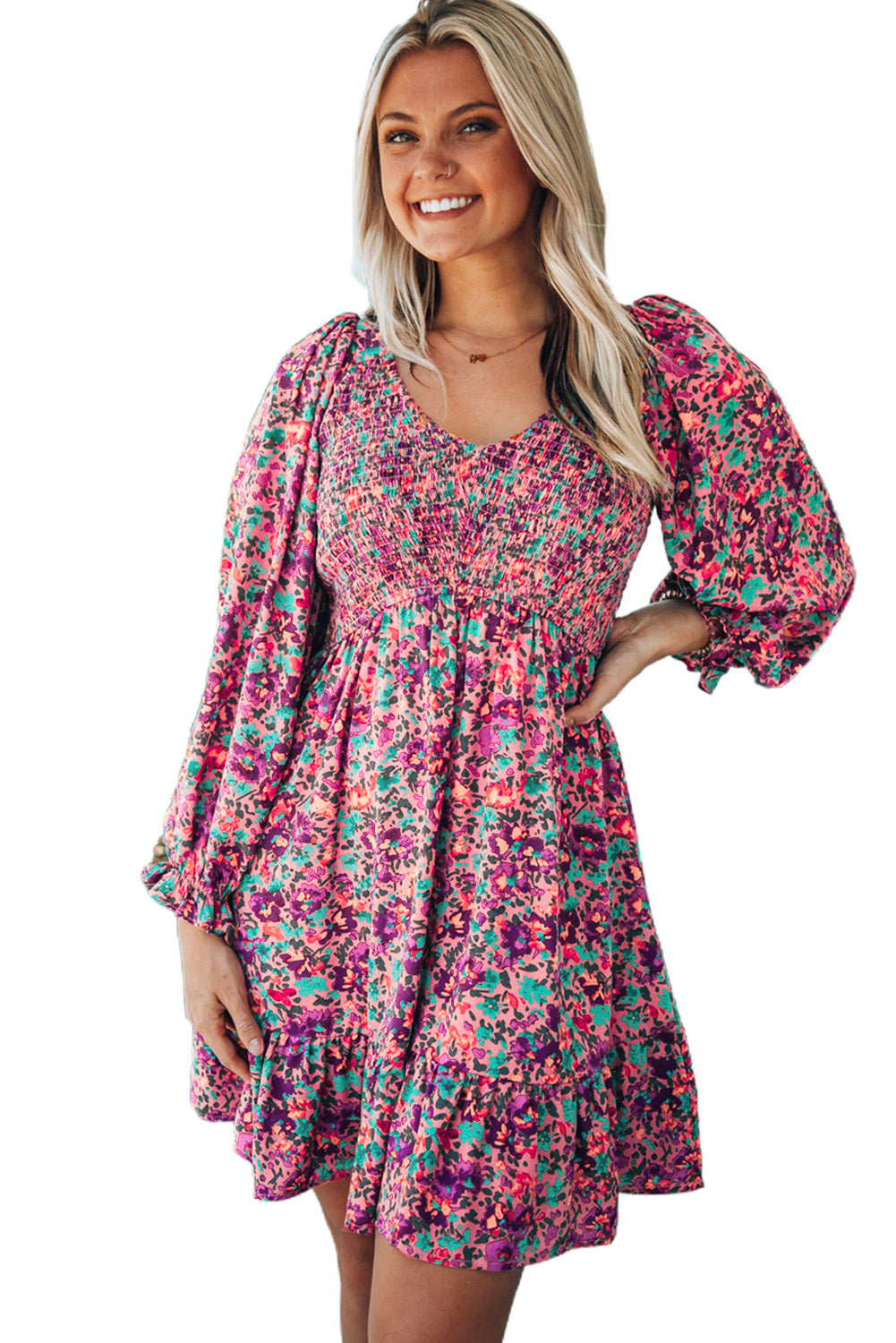 Purple Floral Print Long Sleeve Flounce Hem V Neck Smocked Dress - Eloy Royal