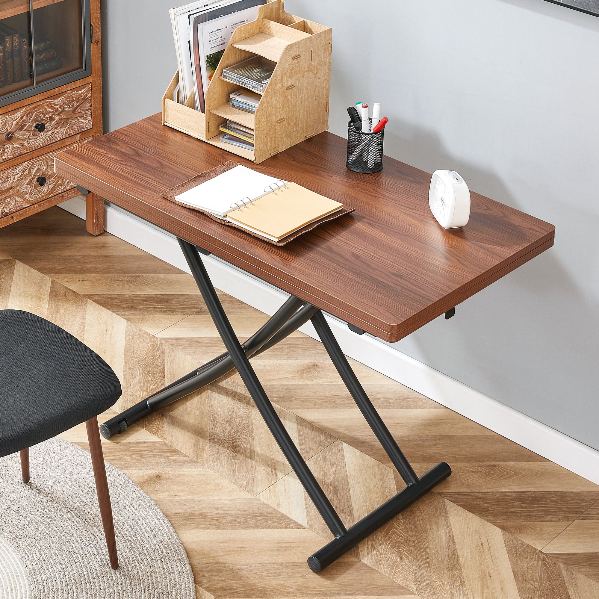 Modern minimalist multifunctional lift table with 0.8 inch thick MDF desktop and black metal legs, can be used as a dressing table, coffee table, dining table, and office table.Walnut textured desktop