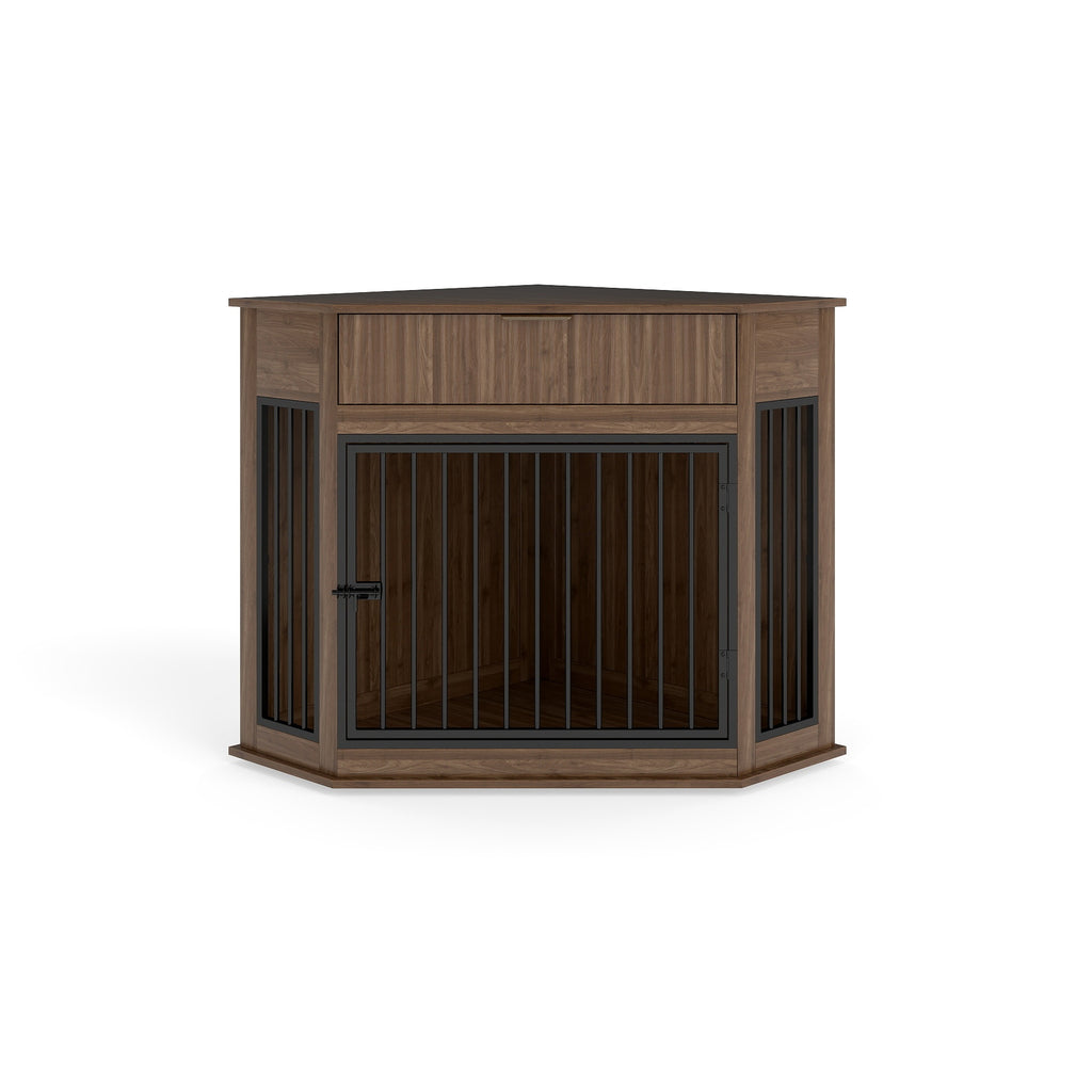 44.6'' Corner MDF Dog Crate Furniture for Small/Medium Dogs, Decorative Dog Kennel End Table with Fluted Drawer Storage, Modern Space-Saving Dog Cage Cabinet for Home Décor Indoor(Walnut)