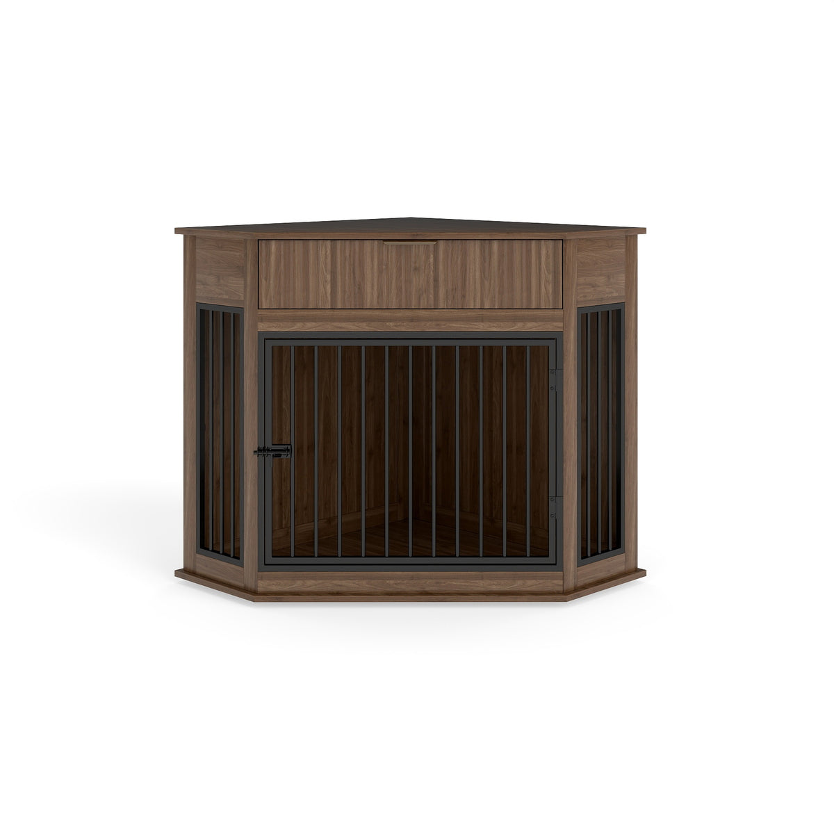 44.6'' Corner MDF Dog Crate Furniture for Small/Medium Dogs, Decorative Dog Kennel End Table with Fluted Drawer Storage, Modern Space-Saving Dog Cage Cabinet for Home Décor Indoor(Walnut)