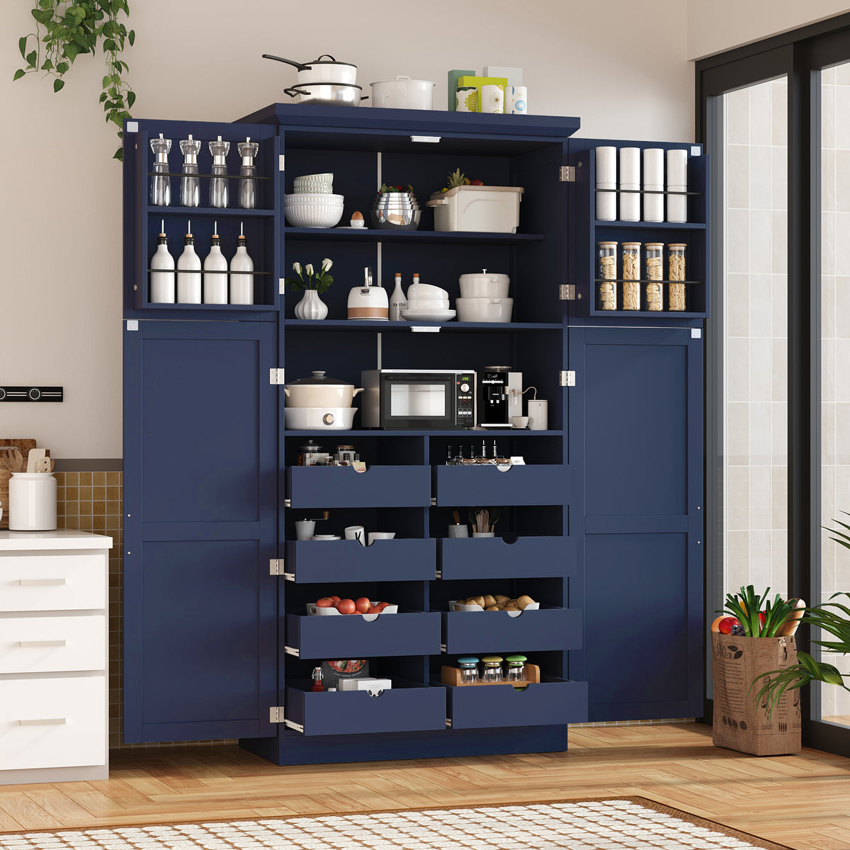 TOPMAX 35.5x17.6x70.9inch Freestanding Kitchen Pantry Cabinet, Tall Storage Cabinet with 4 Doors, 2 Door Shelves, 8 Pull-out Trays and Adjustable Shelf for Dining Room, Blue
