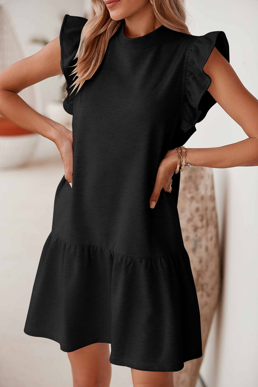 Black Solid Color Ruffle Hem Mini Sweatshirt Dress - Eloy Royal