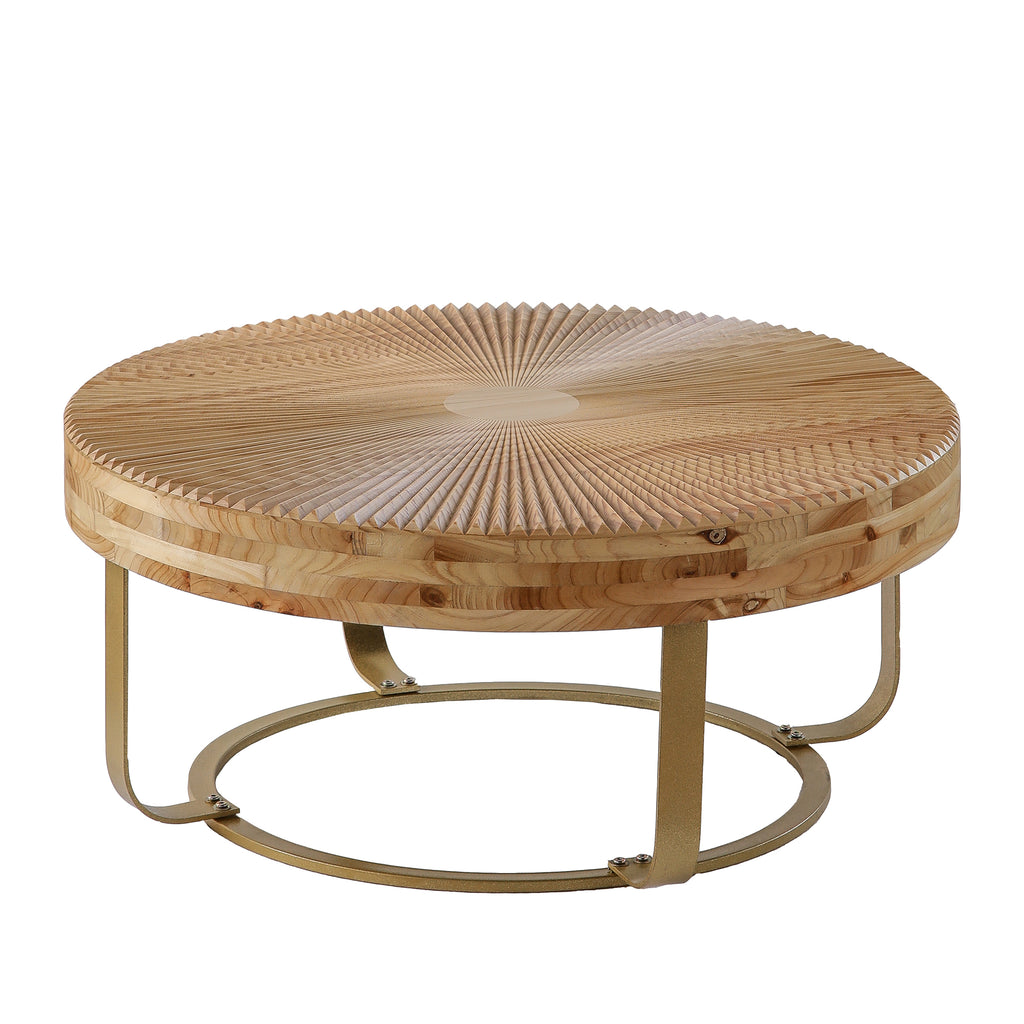 Modern Round Coffee Table with Wooden Carving Pattern and Metal Legs in Golden Natural Finish, Pine and MDF Construction