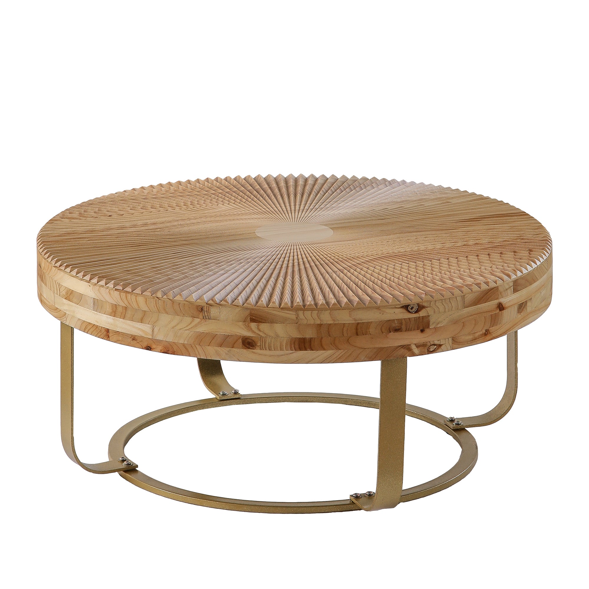 Modern Round Coffee Table with Wooden Carving Pattern and Metal Legs in Golden Natural Finish, Pine and MDF Construction