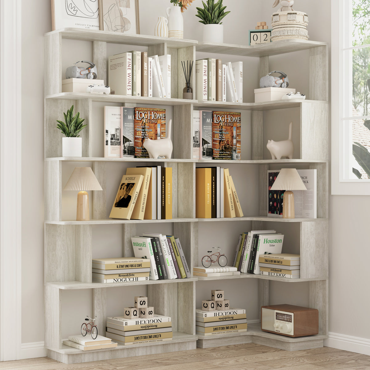 Set of 2 free combination bookcase space saving corner bookshelf 55cm plus 80cm length light grey color and other 4 colors for option, 2 bookcases group L shaped bookcase x 1 + I shaped bookcase x 1