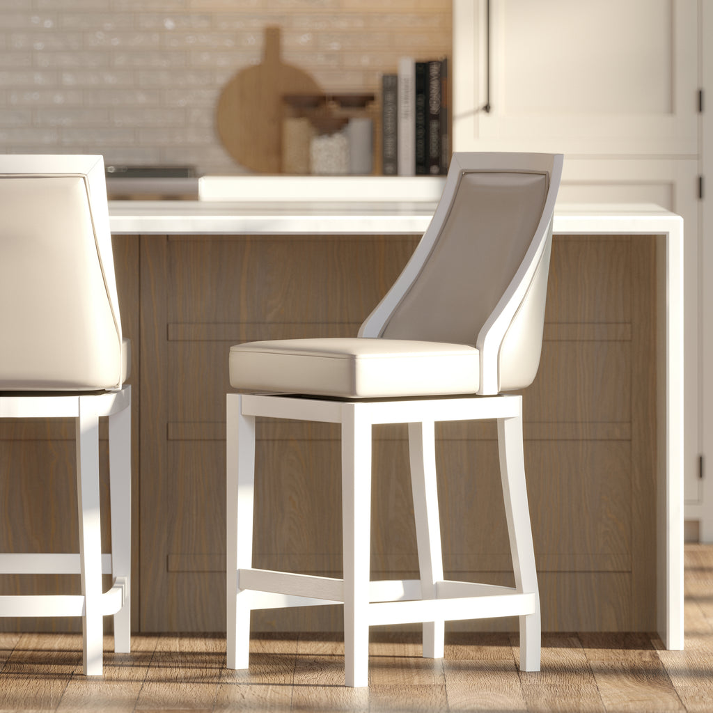 Ellis Swivel 26'H Counter-Height Bar Stool with Tall Back, White with Gray Faux-Leather Seat