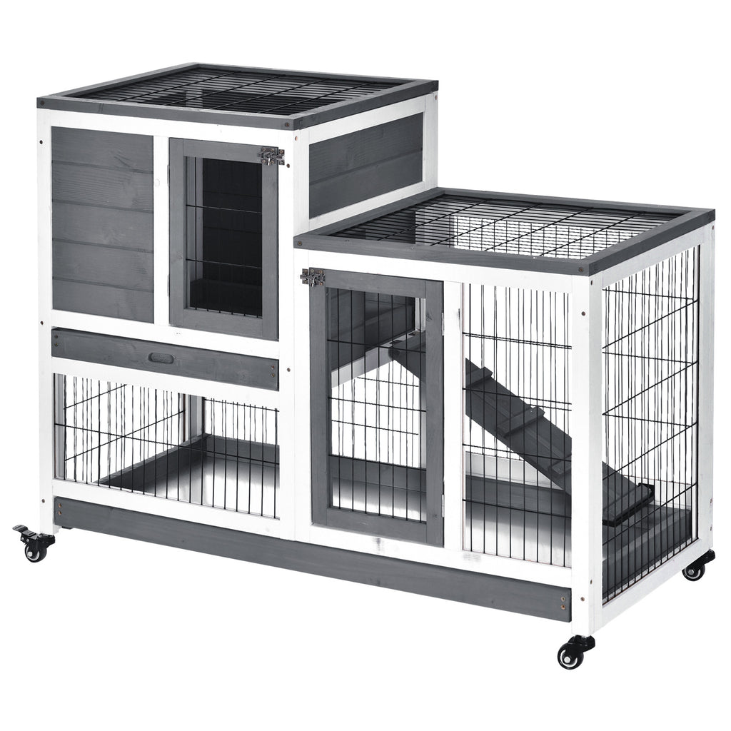 PawHut Elevated Wooden Rabbit Hutch with Enclosed Run and Wheels, Grey, Wood, 43.30 x 19.80 x 33.80 inches