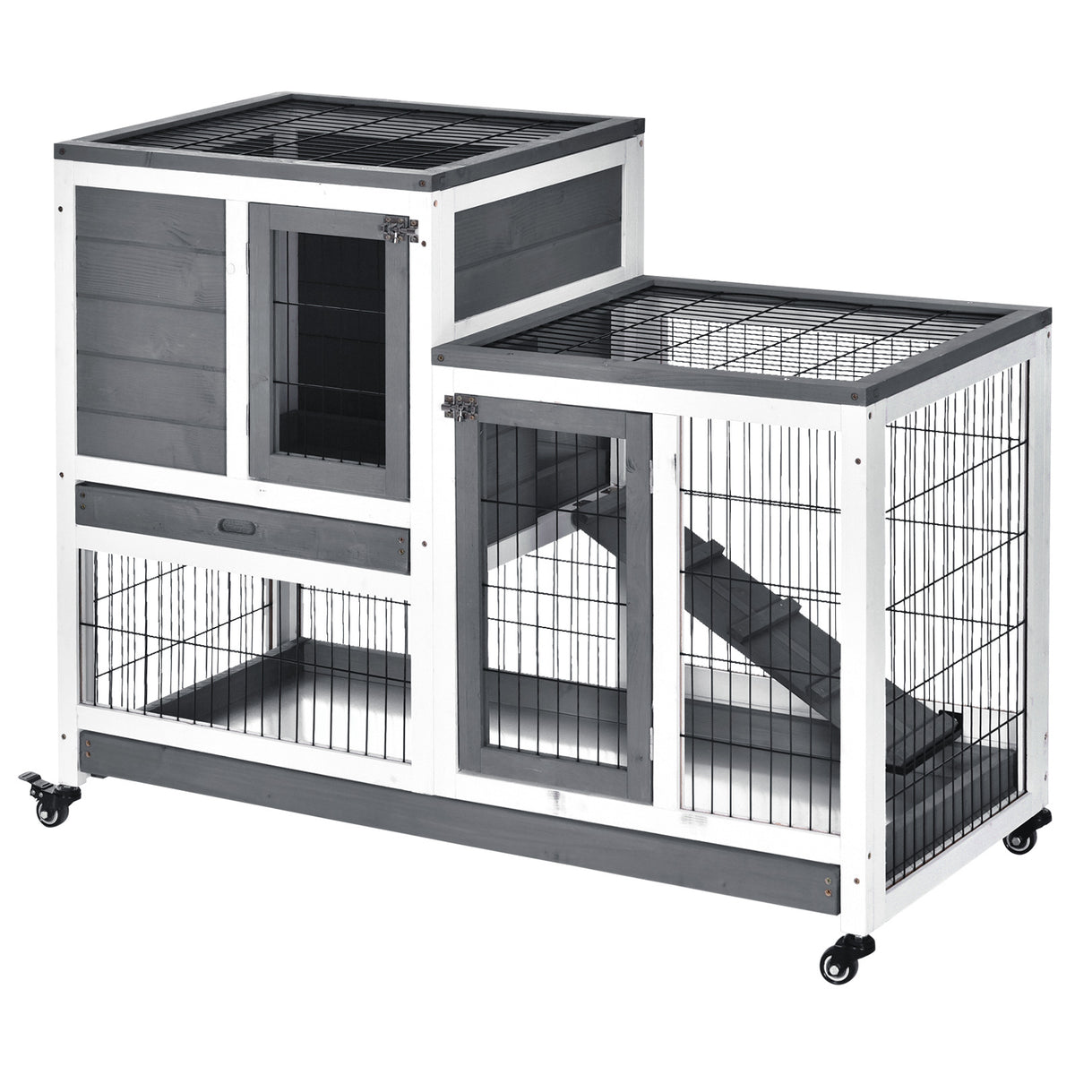 PawHut Elevated Wooden Rabbit Hutch with Enclosed Run and Wheels, Grey, Wood, 43.30 x 19.80 x 33.80 inches