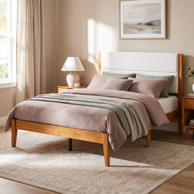 Mid-Century Modern Platform Bed Frame with Upholstered Headboard, Solid Wood Slat Support, No Box Spring Needed, Easy Assembly, Full Size, Brown