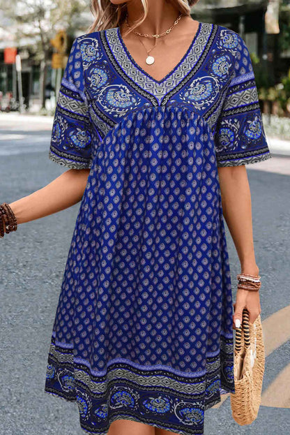 Bluing Casual Ethnic Print Short Sleeve Midi Dress - Eloy Royal