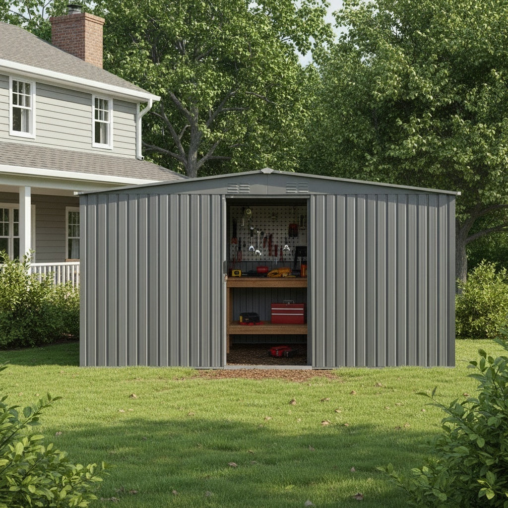 13×11ft New Outdoor Storage Shed Has Two Functions: Metal Shed And Firewood Shed  , More Suitable For Winter , Grey