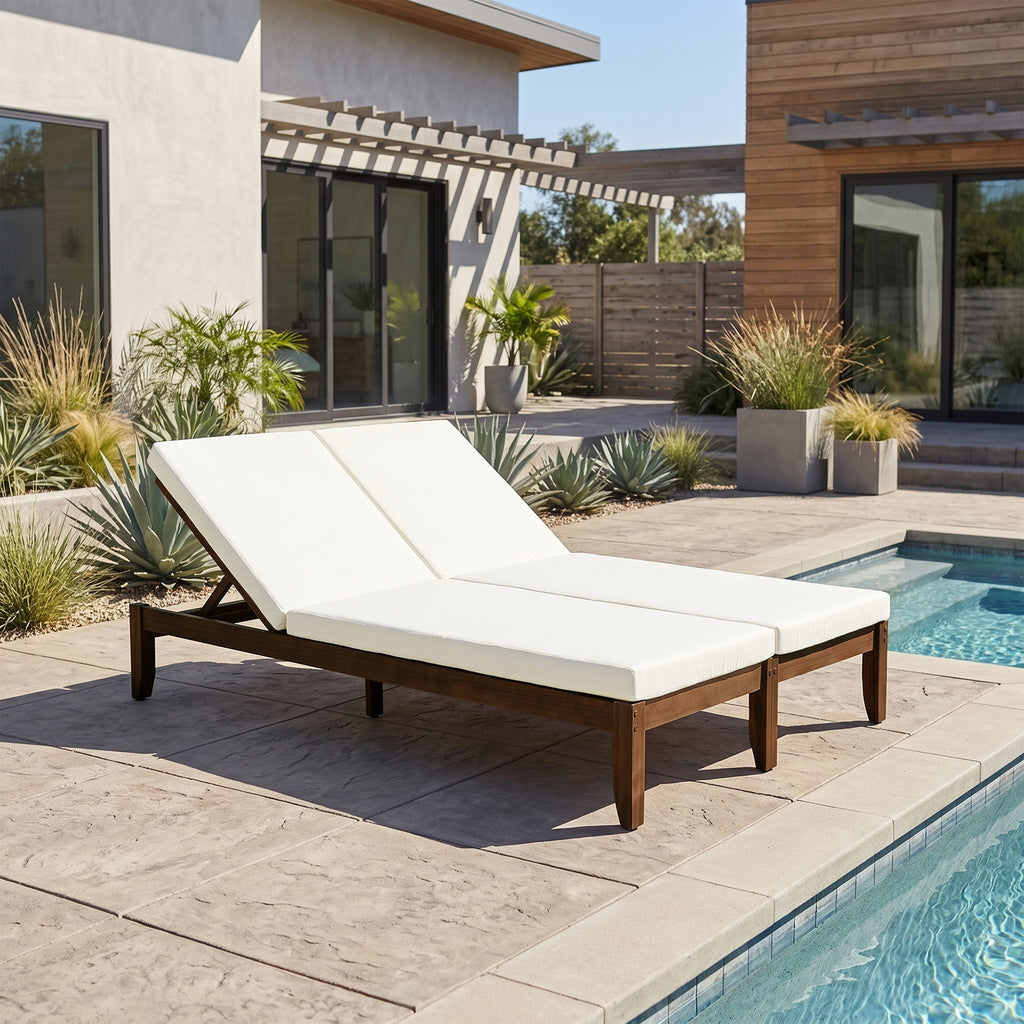 Adjustable Outdoor Patio Lounge Chair Two Seater Outdoor Recliner Patio Double Chaise Lounge with Weather-Resistant Pool Lounge Chair for Pati Walnut+Beige Cushion