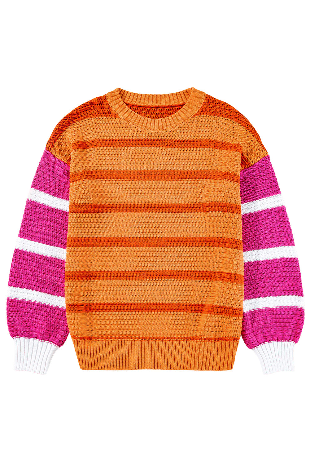 Orange Striped Colorblock Puff Sleeve Sweater