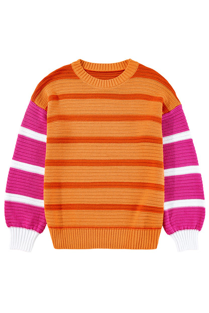 Orange Striped Colorblock Puff Sleeve Sweater